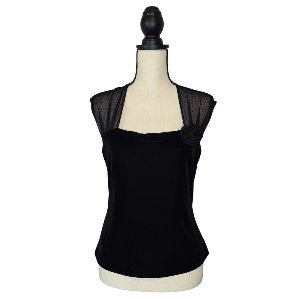 Evan Picone vintage evening top black velour sheer mesh illusion neckline size 6